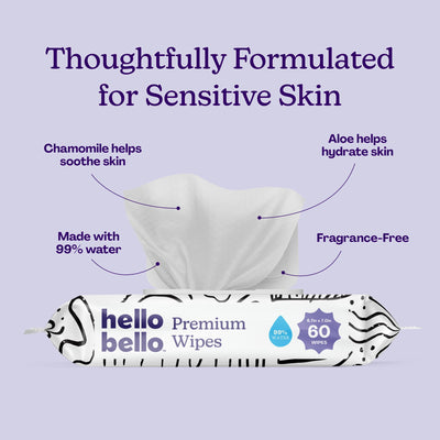 Hello Bello Premium Wipes, Designed for Sensitive Skin with Chamomile & Aloe Extracts, Playful Sketches (9 Resealable Packets = 540 Total Wipes)