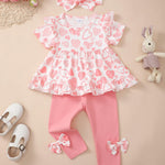 Kucnuzki Baby Girl Outfits 12 18 Months Toddler Girl Clothes Summer Ruffle Short Sleeve Floral Crewneck Shirt Tops Pink Leggings Pants 3-Piece Clothing Set