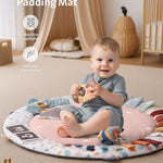 Blissful Diary Baby Play Gym & Activity Mat, 5 Developmental Zones Wooden Tummy Time Mat with 6 Detachable Sensory Toys for Motor Skills & Sensory Development, Baby Essentials Shower Gift, Pink