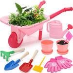 CUTE STONE Kids Gardening Tool Set, Pink Wheelbarrow with Garden Toys with Watering Can, Gloves, Hand Rake, Shovel, Trowel, Outdoor/Indoor Pretend Play Toys for Toddlers Boys Girls Age 3+
