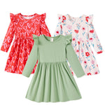 PATPAT 3-Pack Flutter Sleeve Dresses for Girls – Toddler Green Heart Outfit Set for Preschool & Family Days, Green Heart, 4-5T