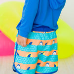RUGGEDBUTTS Boys UPF50+ Sun Protection Dolphin Hem Swim Trunks - Neon Sharks & Stripes, 3T