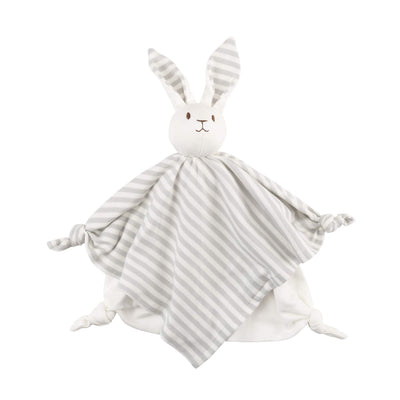 Striped rabbit-shaped comfort blanket on a white background