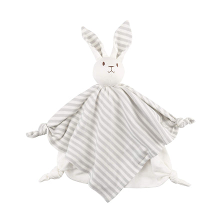 Striped rabbit-shaped comfort blanket on a white background
