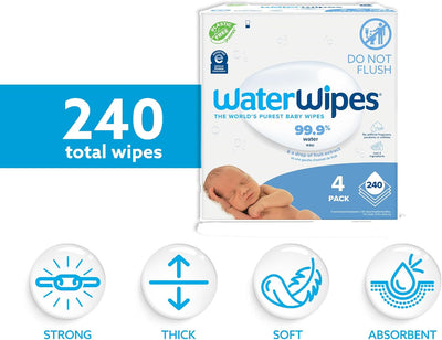 WaterWipes Original Baby Wipes, 99.9% Water-Based Wipes, Unscented & Hypoallergenic for Sensitive Skin, 240 Count (4 Packs), Packaging May Vary