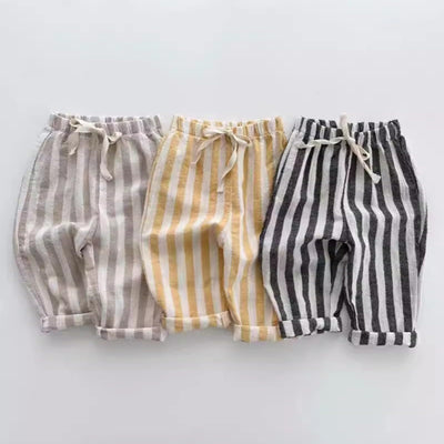 Baby Boys Striped Pants Toddler Girls Baggy Sweatpants Cute Barrel Joggers Cotton Breathable Lightweight Trousers Summer Elastic Waist Bottoms with Drawstring,Beige, Size 3-6 Months