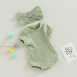 FOCUSNORM Baby Girl Summer Clothes Ribbed Short Sleeve Romper Solid Color Bodysuits Bow Headband Outfit Newborn Girl Jumpsuit (Pea Green, 0-3 Months)