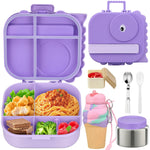 Aimsnk Magical Dinosaur Kids Lunch Box Set -12oz Insulated Food Jar, Leakproof Lunch Food Containers Cutlery, Leak-Proof Sauce Cup & Spoon, Purple+Jar