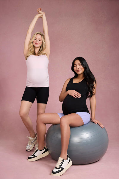 Motherhood Maternity Women's Over The Belly Ribbed Biker Pregnancy Workout Shorts, Black, Medium