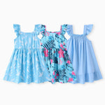 PATPAT 3 Pack Toddler Girls Ruffle Sleeve A-line Dresses Baby Girl Casual Clothes Multi-Pack Sundress, Blue Floral, 3 Years