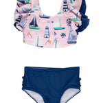 RuffleButts Baby/Toddler Girls UPF50+ Waterfall Tankini Two Piece Swimsuit - Pink Sweet Sails, 3-6m