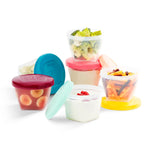Set of food storage containers with colorful lids on a white background
