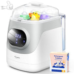 Baby bottle sterilizer with digital display and detergent tablets on a white background