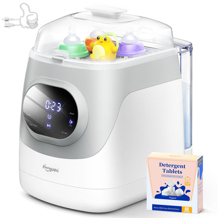 Baby bottle sterilizer with digital display and detergent tablets on a white background