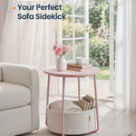 SONGMICS HOME Small Side Table, Round End Table, 2 Tier Nightstand with Basket, U Shaped Steel Legs, Easy Assembly, for Living Room, Bedroom, Pink and White