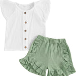 BemeyourBBs Summer Toddler Girl Clothes Baby Girl Ruffle Sleeveless Shirt with Buttons Bow Bloomers Shorts Set Cute Outfits