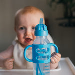 Dr. Brown's Milestones Narrow Sippy Straw Bottle, Spill-Proof with 100% Silicone Handles and Weighted Straw, 8 oz/250 mL, Blue, 6m+