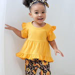 Kucnuzki 2T-3T Girls Clothes Toddler Outfit Cute Short Sleeve Yellow Ruffle Tops Shirt Floral Pants Set for 2-3 Years Old Soft Little Girl Outfit