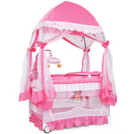 BABY JOY 4 in 1 Pack and Play with Canopy, Portable Baby Playard with Bassinet, Double-Layer Baby Crib, Wheels & Brake, Foldable Baby Girl Pink Princess Bassinet from Newborn to Toddler