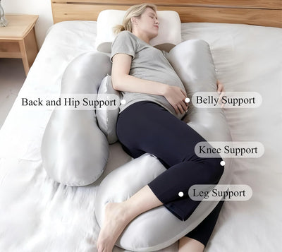 Maternity Pillow for Side Sleeping - Detachable Belly & Back Support Pillow with Cooling Breathable Fabric, Adjustable Firmness, 100% New Safe Filling for Pregnant Women(Grey)