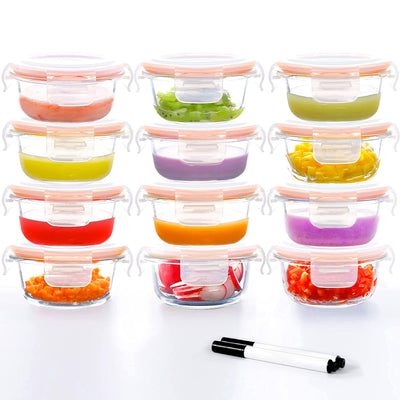 Set of glass containers with colorful food and a whiteboard marker on a white background