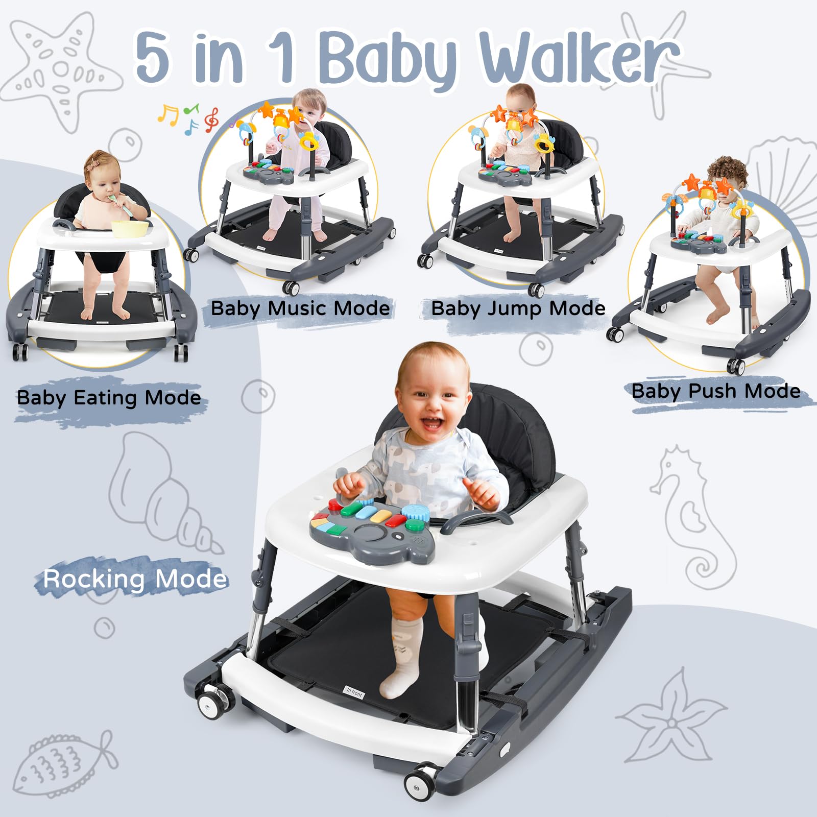 Wolfcode 5-in-1 Music and Lights Baby Walker Foldable with 5 Adjustable Heights, Baby Walker with Wheels and Bouncer Combo Portable, Infant Toddler Walker for Baby Boy Girls 6-18 Months