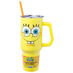 Silver Buffalo Spongebob Squarepants Smiling Face Stainless Steel Tumbler with Handle and Straw, Fits in Standard Cup Holder, 40 Ounces