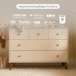 dadada Austin 5-Drawer Dresser for Nursery and Bedroom - Modern Design, Large Storage, Baby-Safe Finish, Soft Close Drawers, Anti-Tip Safety, Solid Wood Feet, Durable Construction (Almond Milk+Walnut)