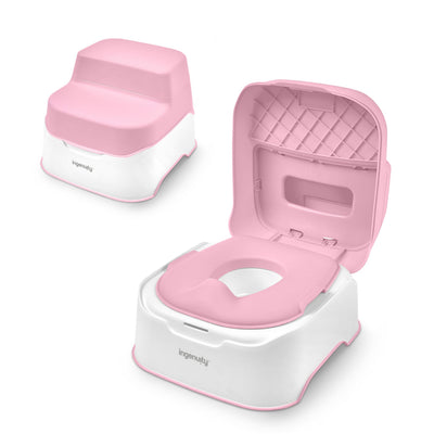 Pink and white potty seat with cover on a white background