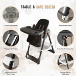 Baby High Chair, 3-in-1 Foldable High Chairs for Babies and Toddlers with Footrest Adjustment, 5 Height & 3 Recline & 4 Dining Tray Adjustable, 5 Point Harness, Lockable Wheels, Black