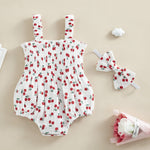 Tsseiatte Newborn Baby Girl Summer Bodysuit Print One Piece Ruffle Strap Romper Jumpsuit Cotton Playsuit with Headband (A-White Cherry, Newborn)