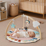 Blissful Diary Baby Play Gym & Activity Mat, 5 Developmental Zones Wooden Tummy Time Mat with 6 Detachable Sensory Toys for Motor Skills & Sensory Development, Baby Essentials Shower Gift, Pink