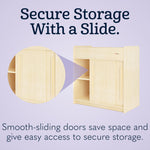 Foundations SafeGlide Daycare Changing Table, Durable Wood Construction, Built-in Shelving for Ample Storage, Gliding Doors, Adjustable Safety Strap, Includes Foam Mattress Pad (Natural)