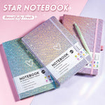 HJWKJUS Bling A5 Notebook with Pen, Lined Journal Notebook A5 Notepad for Girls Women,Cute Heart Pattern Design Glitter Laser Diary College Ruled Hardcover Notebook for Work, School, Note Taking, Business (Purple)