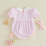 Lamuusaa Newborn Baby Girl Clothes Smocked Peter Pan Bubble Romper Turtle Embroidery Stripe Bodysuit Infant Summer Outfit (Pink, 0-3 Months)