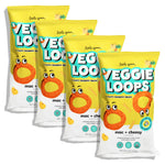 Four packages of Veggie Loops snacks with a yellow border on a white background