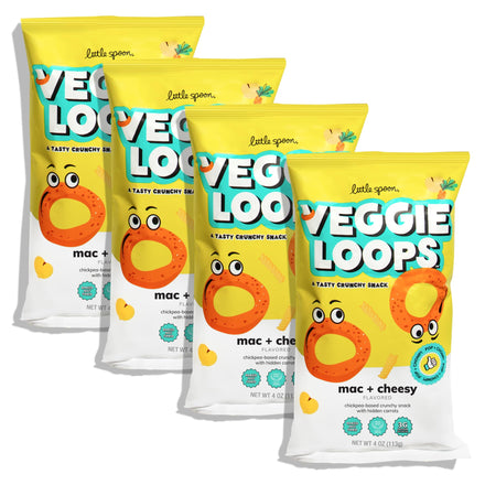 Four packages of Veggie Loops snacks with a yellow border on a white background