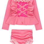 RuffleButts Girls UPF50+ Princess Dress-Up Long Sleeve Rash Guard 2-Piece Swimsuit - Royal Pink Princess, 2T