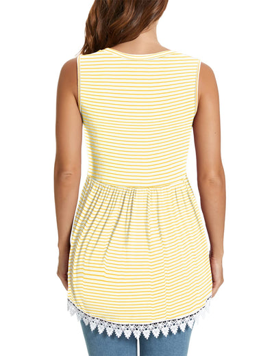 Xpenyo Womens Maternity Tank Top Sleeveless Lace Crochet Trim Peplum Cami Shirts Yellow Pinstripe 2XL