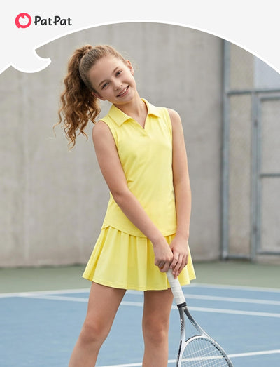 PATPAT Girls Tennis Outfits Size 9-10, Yellow Sleeveless Polo Shirts + Pleated Skort with Built in Shorts 2 Piece Outfits Clothes For Girls Gym Outfits Kids Activewear Sets