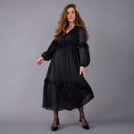 Motherhood Maternity Women's Long Sleeve V-Neck Tiered Maxi Pregnancy Dress with Drawstring, Black, Medium