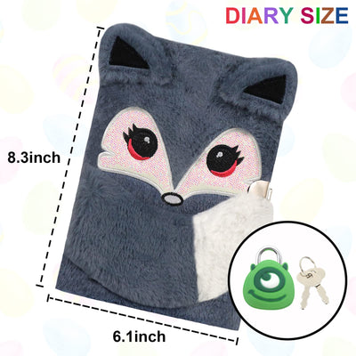ParkistStar Plush Fox Diary, Diary with Lock,Fuzzy Diarys Girl, Kids Journal Notebook Set with Lock and Pen, 80 Lined Sheet, School, Birthday Gift A5