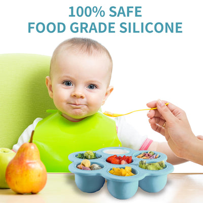 WAJIAYON Baby Food Storage Container, Silicone Baby Food Freezer Tray with Lid,Silicone Baby Fruit Food Feeder Teether Tray, Baby Food Storage Container Ice Cube Tray Maker for Homemade Baby Food-Blue