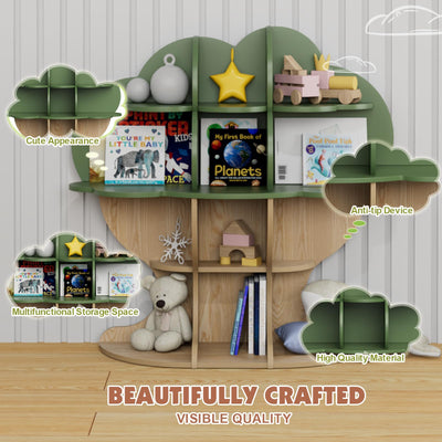 Green Tree Kids Bookshelf Toddler Bookcase 4-Tier Baby Book Rack Children Toy Storage Organizer Forest Wood Display Shelf for Nursery Playroom Bedroom Classroom School Homeschooling Boy Girl’s Gift