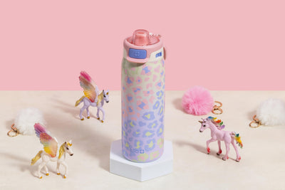 Ello Pop & Fill 18oz Stainless Steel Kids Water Bottle with Quick Fill Lid | Vacuum Insulated BPA Free Bottle with Leak Proof Straw and Chug Lid, Dishwasher Safe, Gift For Kids Teens, Cheetah