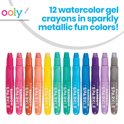 Ooly Rainbow Sparkle Metallic Watercolor Gel Crayons, Set of 12, Glitter Gel Markers for Kids and Toddlers, Colorful Twistable Crayons for Drawing - Metallic
