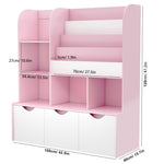 Fotosok 47'' Multifunctional Kids Bookcase with 5 Cubbies and 3 Movable Drawers, Display Stand, Toy Storage for Bedroom, Playroom, Hallway, Pink