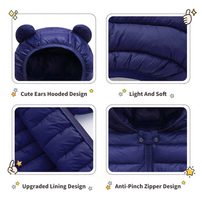 XMWEALTHY Baby Boys Girls Winter Coats Toddler Light Puffer Down Jacket Infant Kids Bear Hoods Padded Outwear Dark Blue 12-18 Months