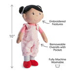 HABA Snug Up Doll Rumbi - 10" Soft Doll with Black Hair and Pink Overalls - Machine Washable for 18 Months and Up
