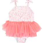 RuffleButts Girls UPF50+ Sun Protection Peplum Smocked Bodice/Tulle Skirted One Piece Swimsuit - by The Seaside, 5